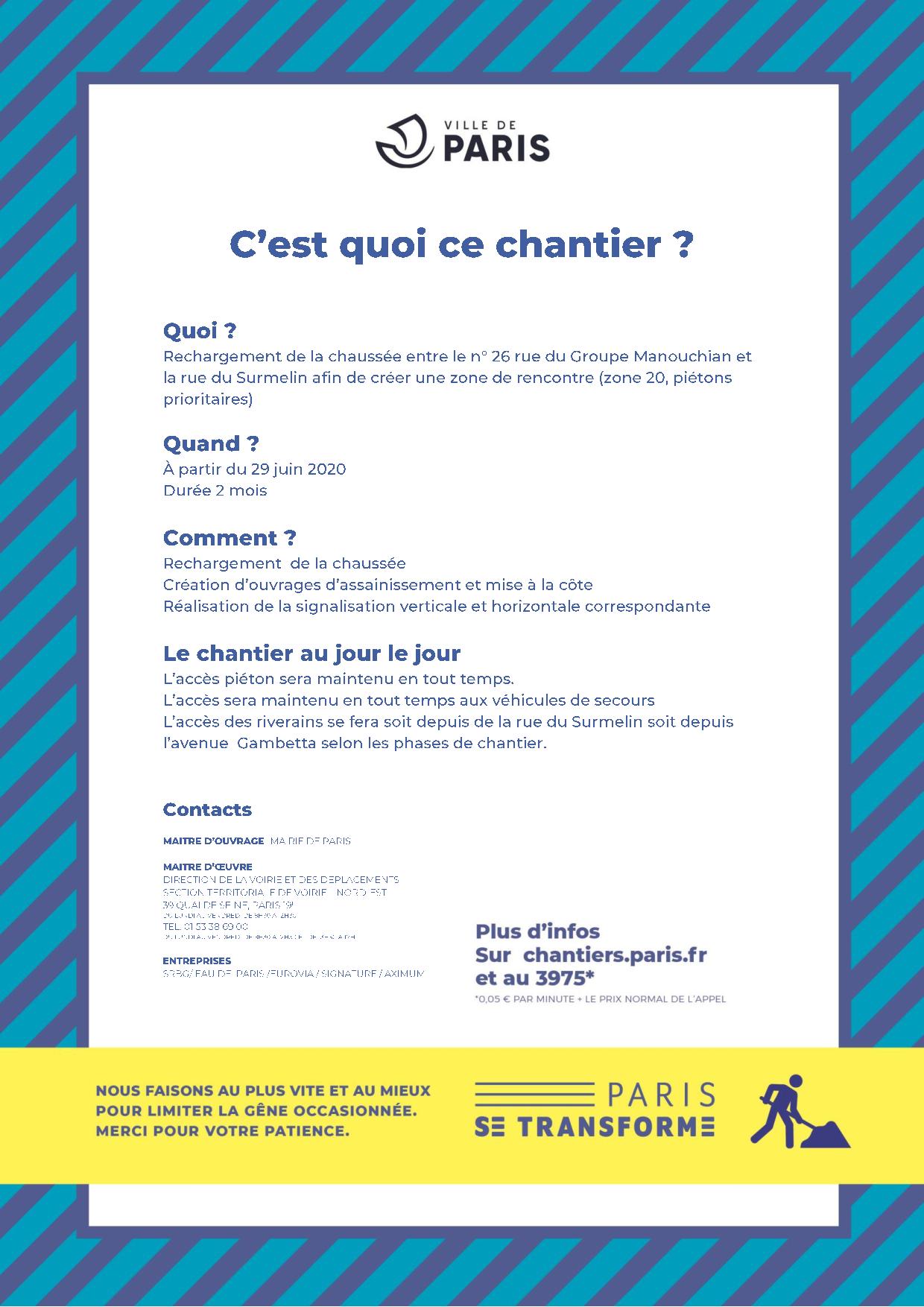 Chantier rechargement chaussée rue du Groupe Manouchian et rue Surmelin
