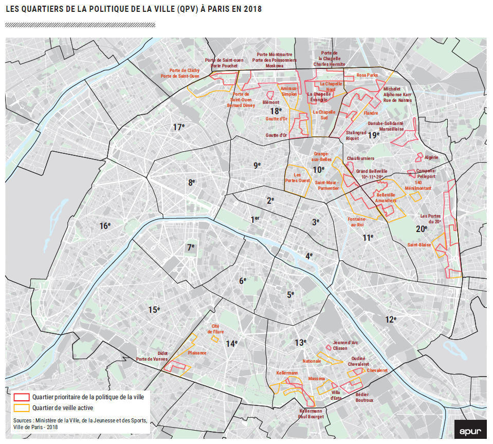 201904_Carte_géographie_prioritaire_étude_APUR.png (© Apur. Source : Apur, 2019, Evaluation à mi-parcours du Contrat de ville de Paris 2015-2020 – Volet 1. Cahier 1 : Les spécificités des quartiers parisiens de la politique de la ville, p.5.) Les quartiers de la politique de la ville (QPV) à Paris en 2018