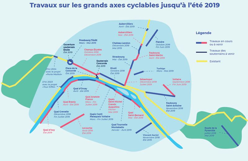 Carte des travaux sur les grands axes cyclables (Ville de Paris)